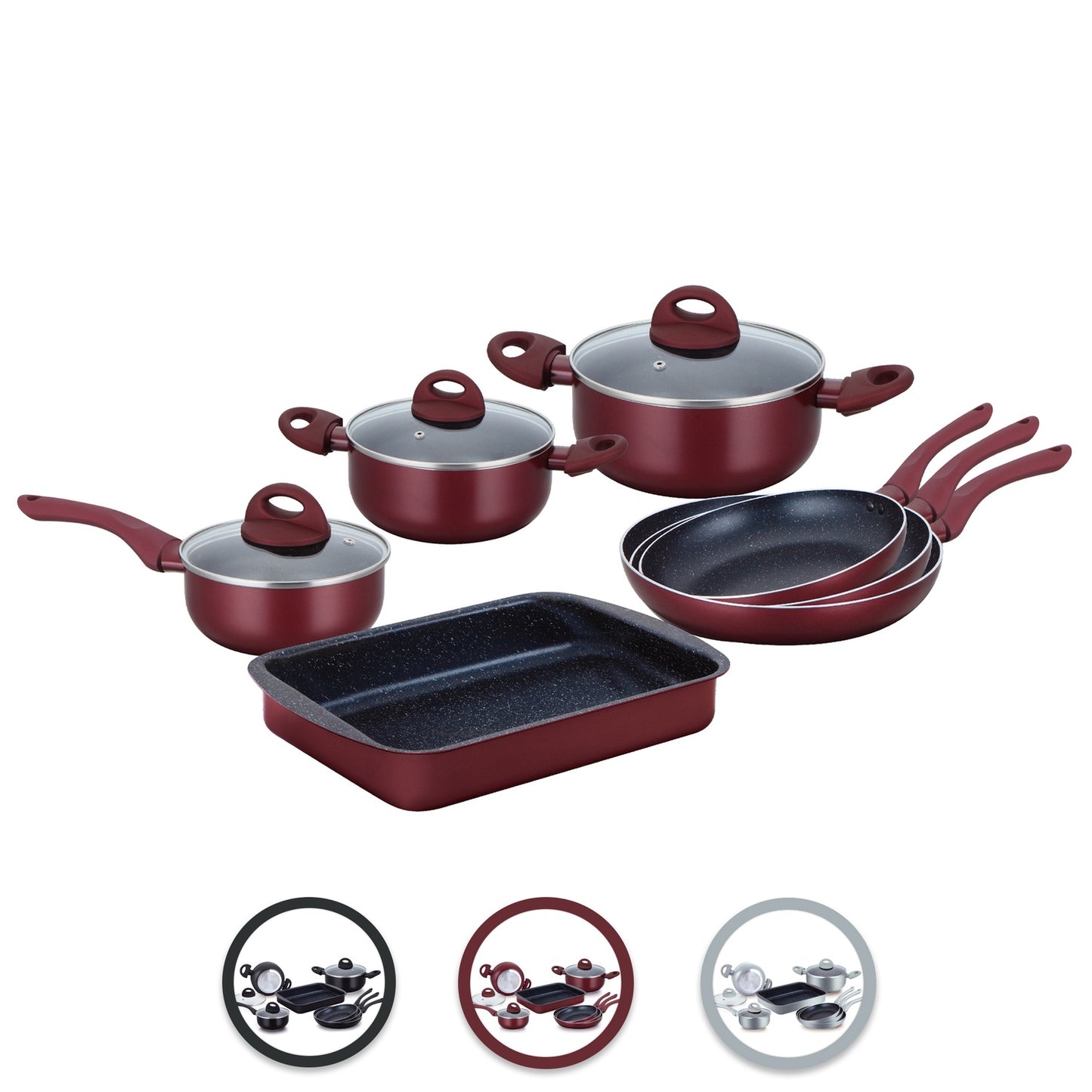 Herzberg HG-9016BR: 10 Pieces Marble Coated Cookware Set - Burgundy