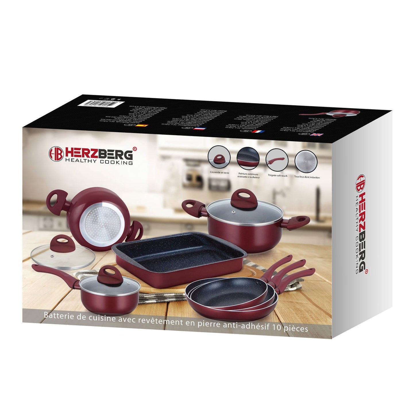 Herzberg HG-9016BR: 10 Pieces Marble Coated Cookware Set - Burgundy