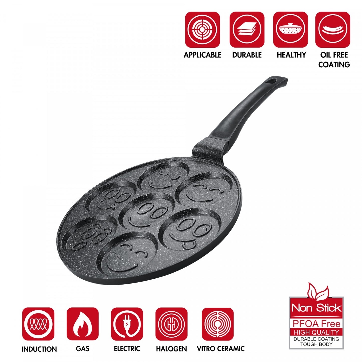 Herzberg HG-CP267SML: 26cm Marble Coated Pancake & Crepe Pan - 7 Smiley Emoji