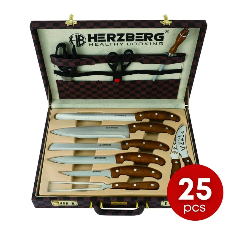 Herzberg HG-K25LB: 25 Pieces Knife and Cutlery Set with Attache Case
