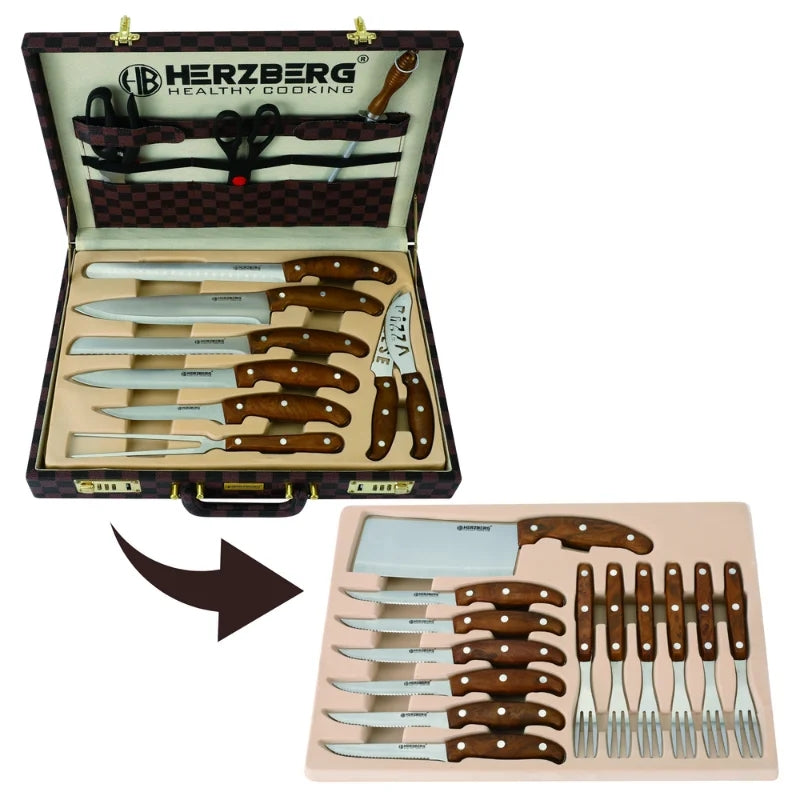 Herzberg HG-K25LB: 25 Pieces Knife and Cutlery Set with Attache Case