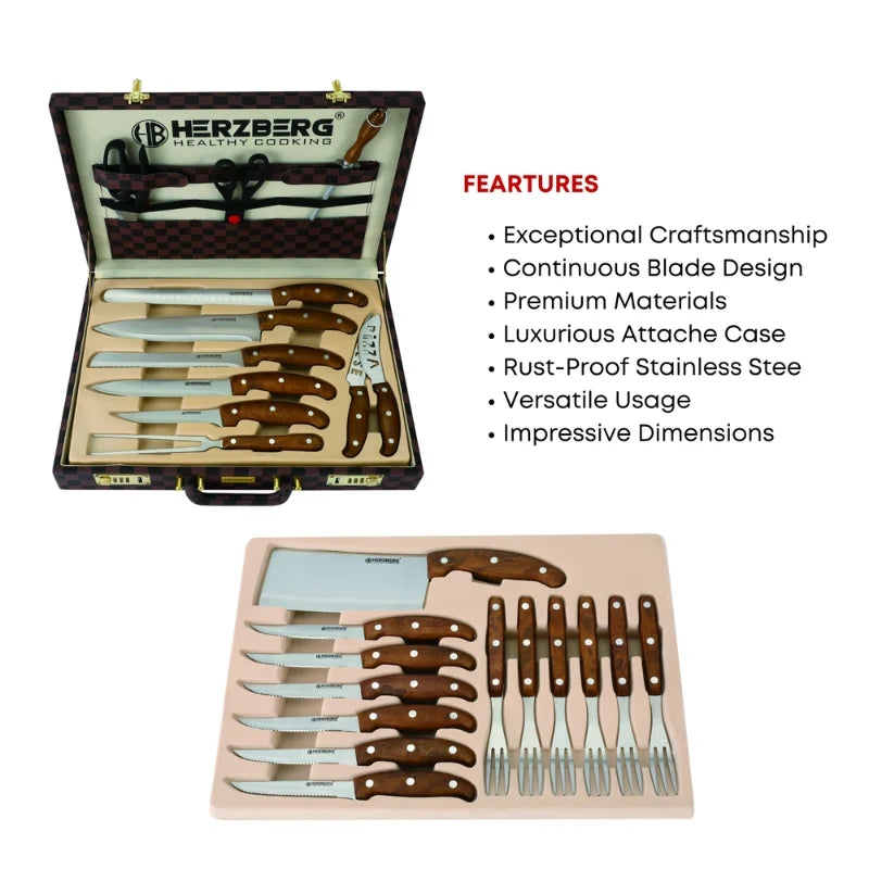 Herzberg HG-K25LB: 25 Pieces Knife and Cutlery Set with Attache Case