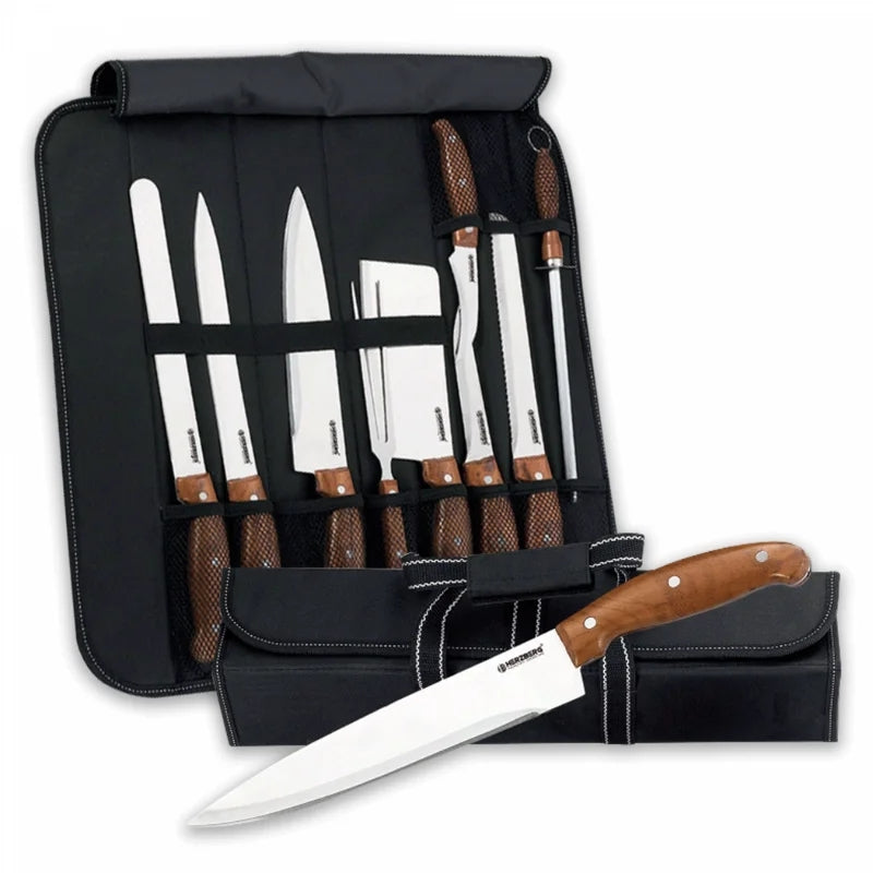 Herzberg HG-K9W: 9 Pieces Knife Set with Roll-up Carry Bag