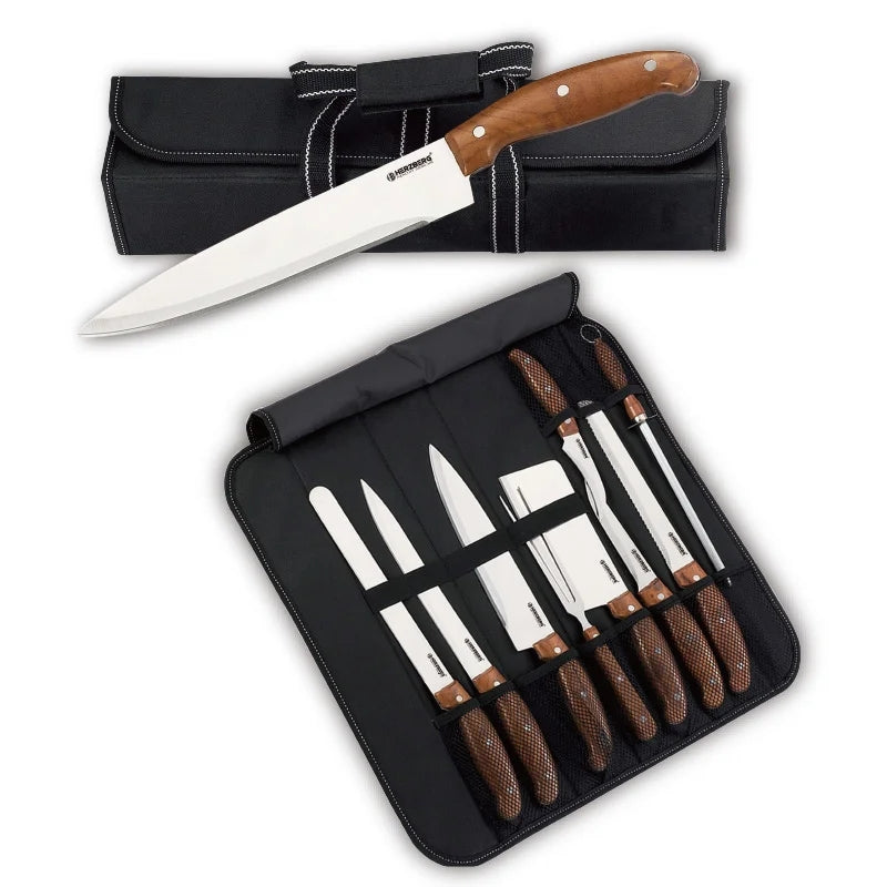 Herzberg HG-K9W: 9 Pieces Knife Set with Roll-up Carry Bag