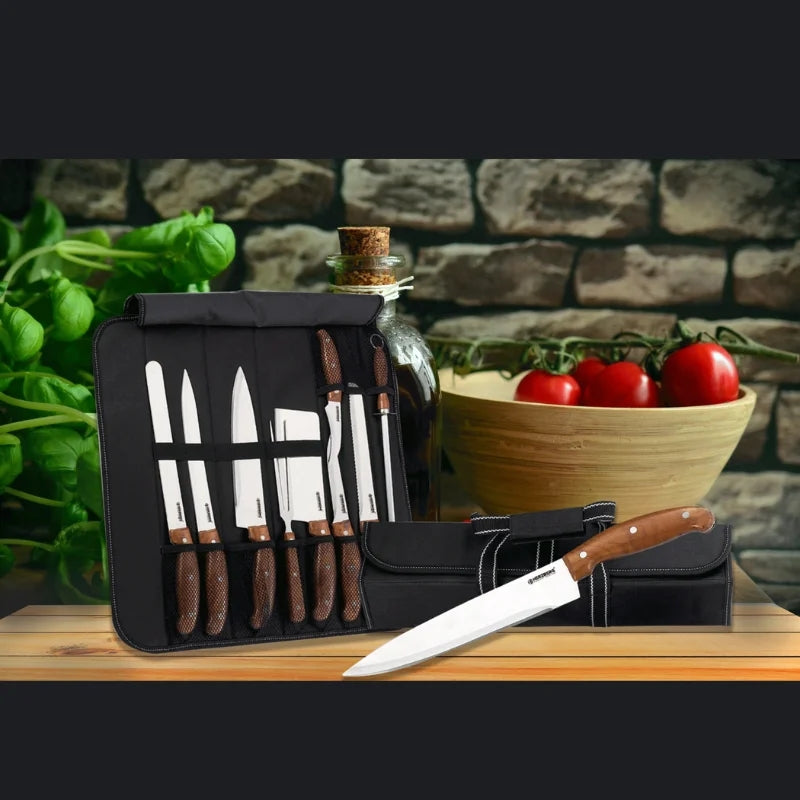 Herzberg HG-K9W: 9 Pieces Knife Set with Roll-up Carry Bag