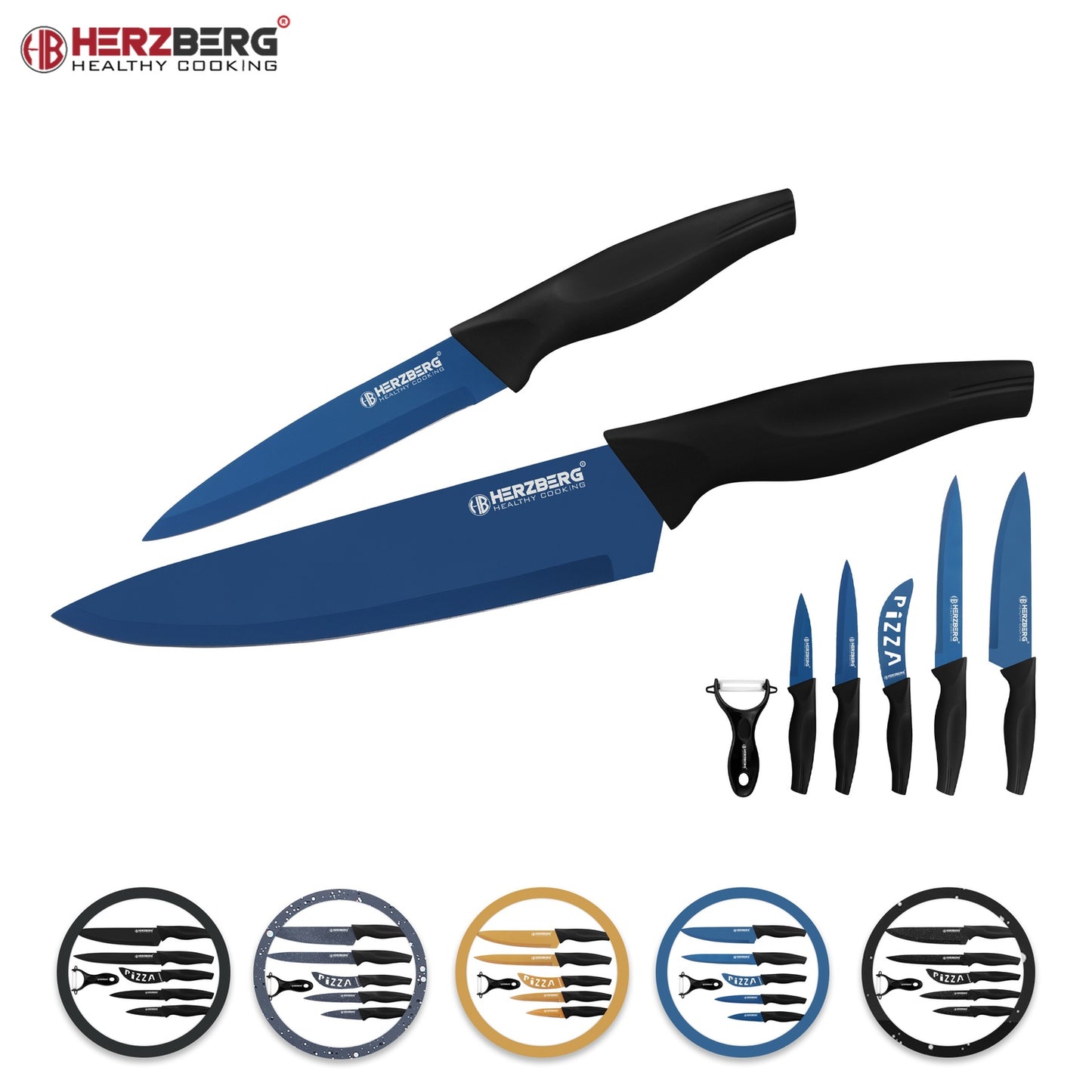 Herzberg HG-KL6BLU: 5 Pieces Marble Coated Knife Set - Blue