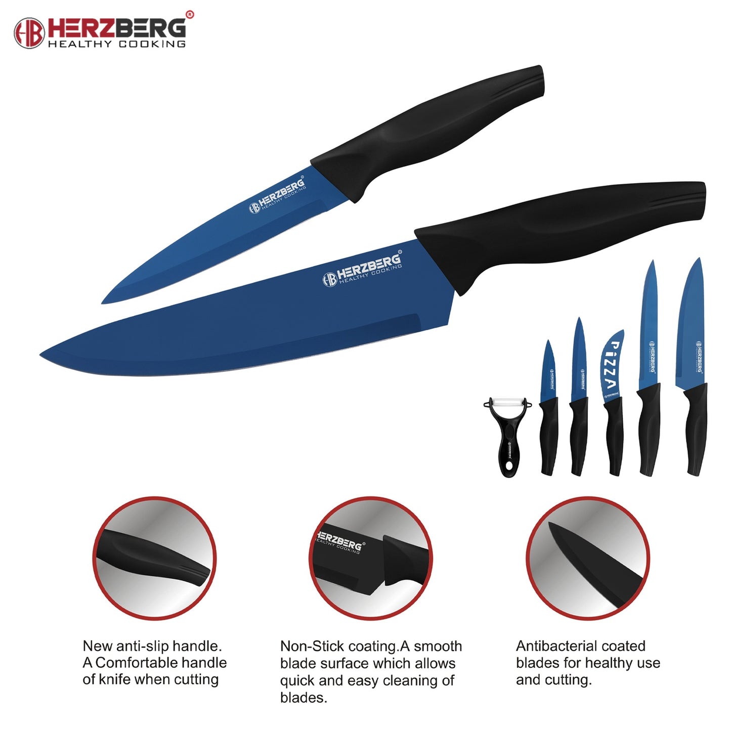 Herzberg HG-KL6BLU: 5 Pieces Marble Coated Knife Set - Blue