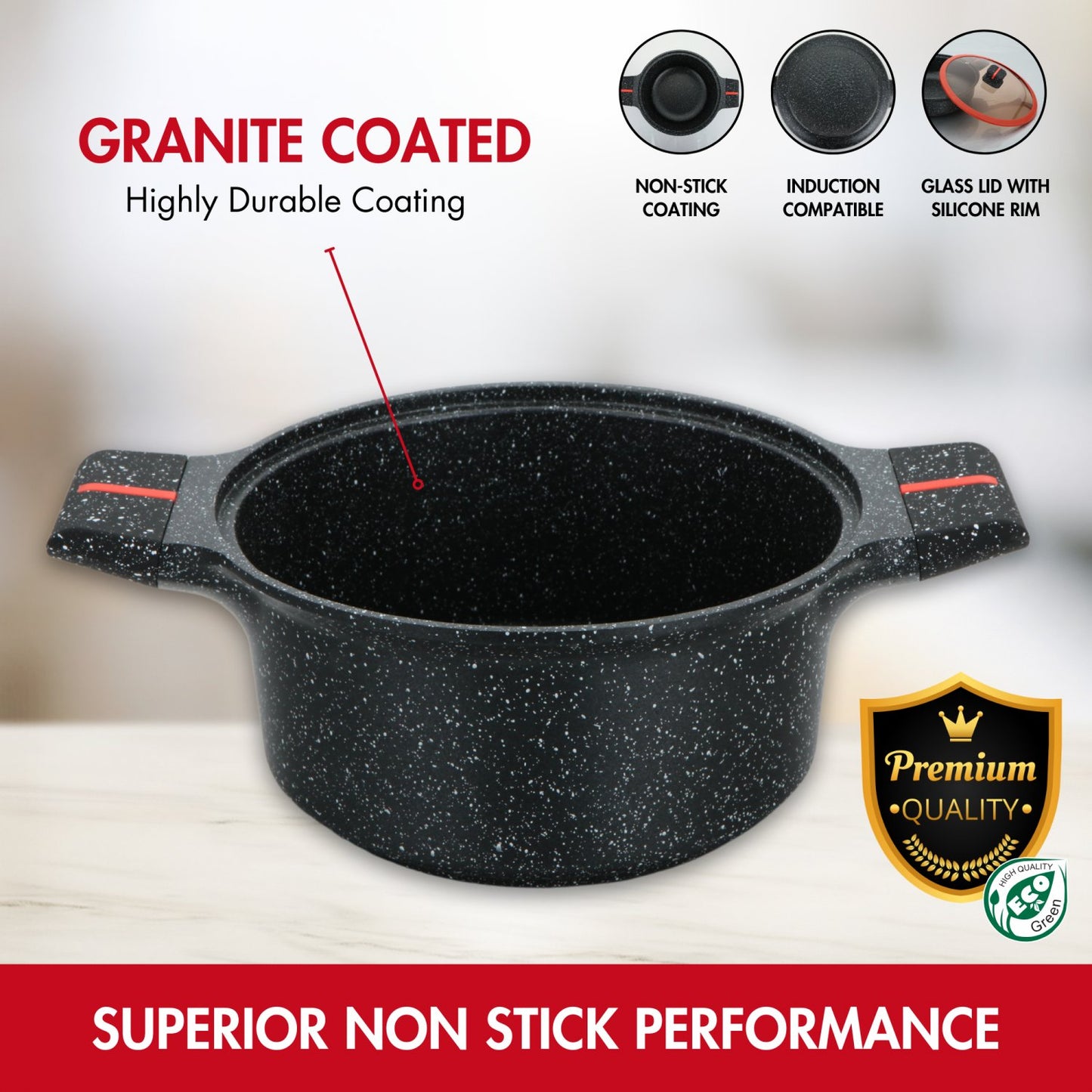 Herzberg HG-RSCAS28: Granite-Coated Casserole with Glass Lid - 28cm