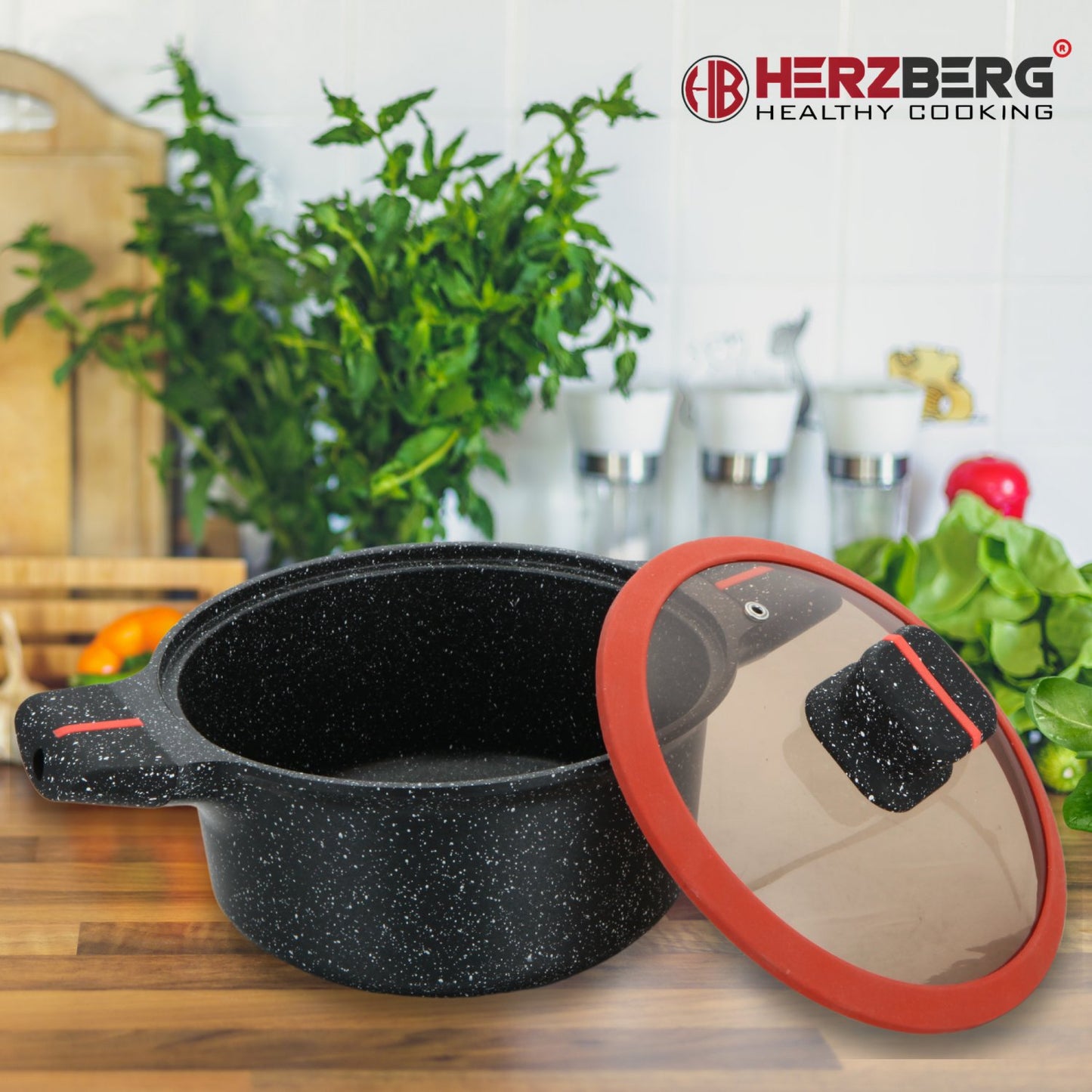 Herzberg HG-RSCAS32: Granite-Coated Casserole with Glass Lid - 32CM