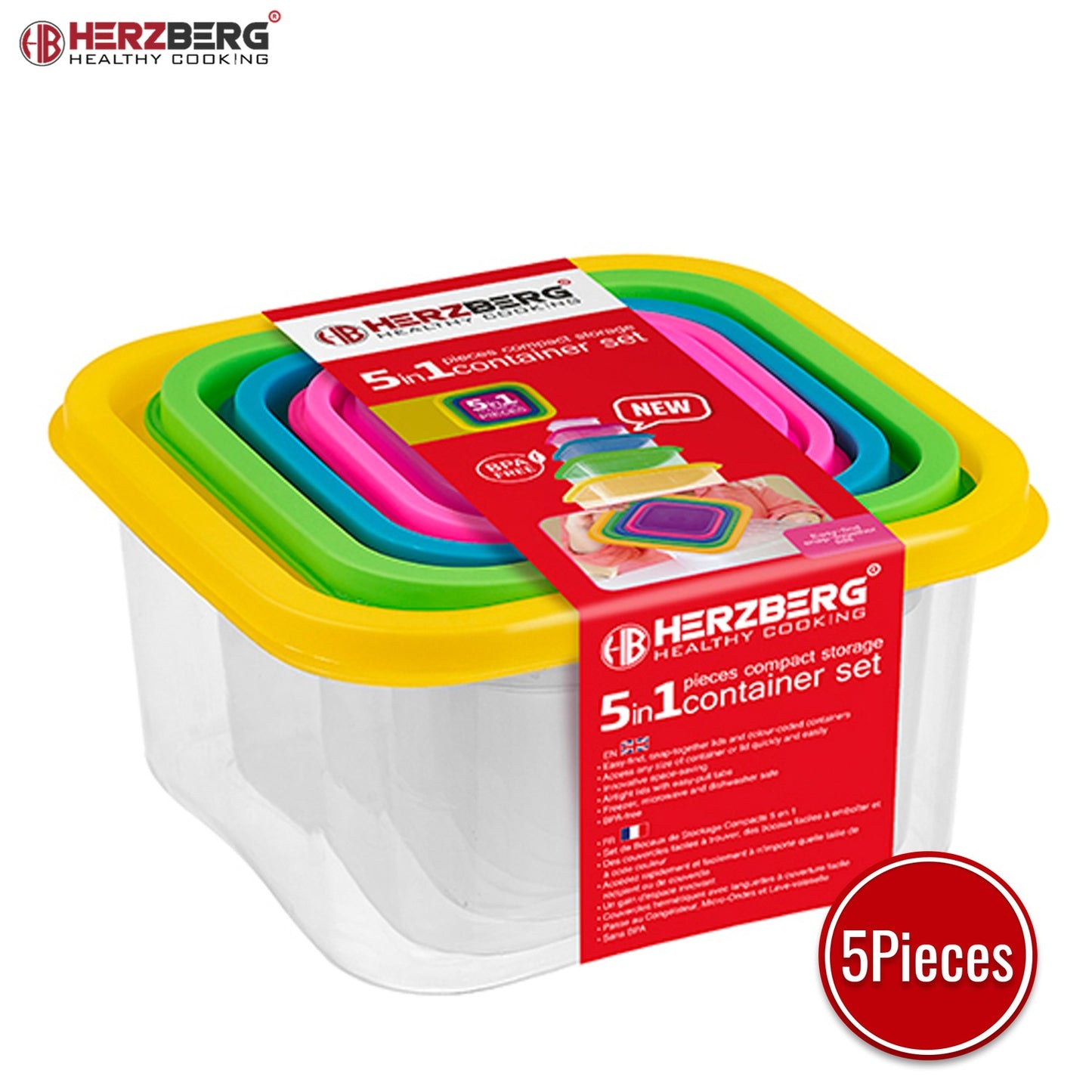 Herzberg HG-SFS5N1: 5-in-1 Square Food Storage Container Set