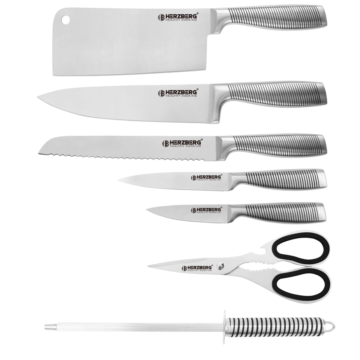 Herzberg HG-SKN8: 8 Pieces S/S Knife Set + 360° Folding and Swivel Acrylic Stand Black