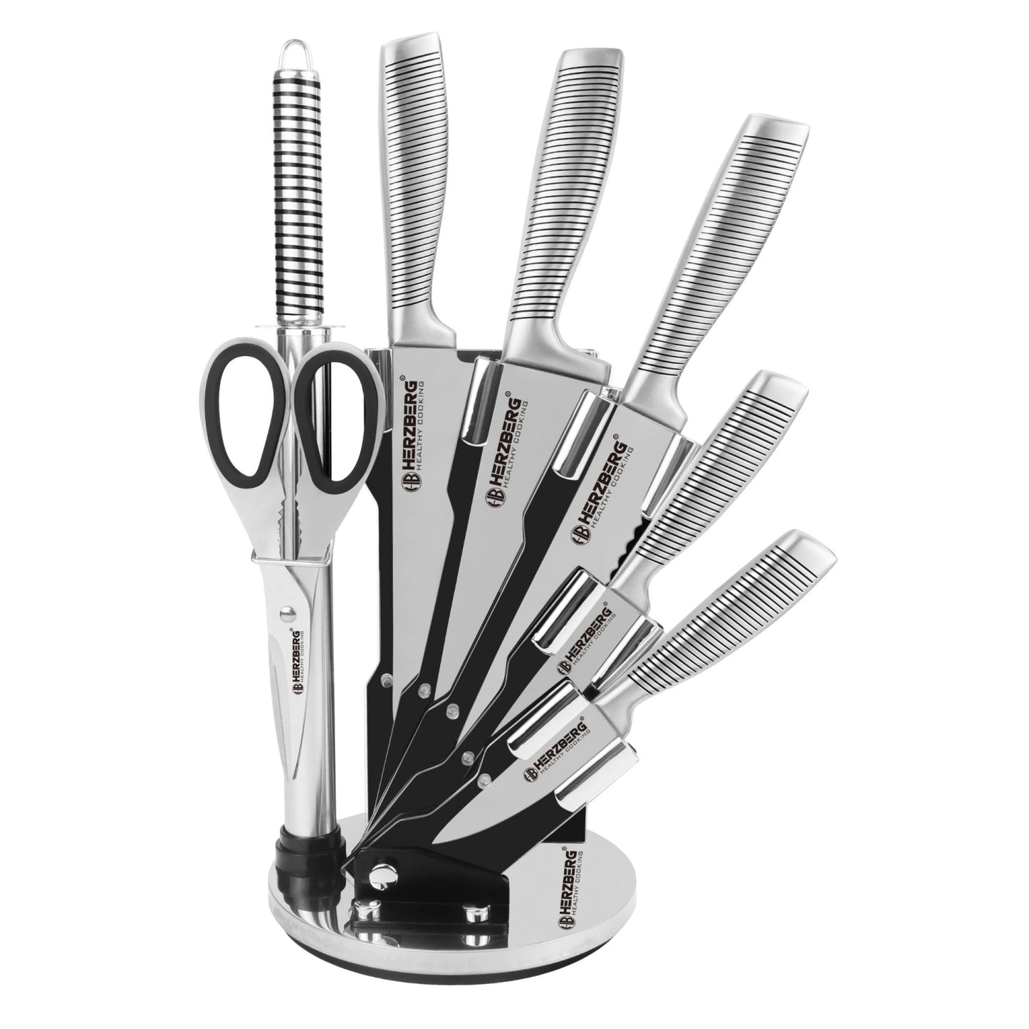 Herzberg HG-SKN8: 8 Pieces S/S Knife Set + 360° Folding and Swivel Acrylic Stand Black
