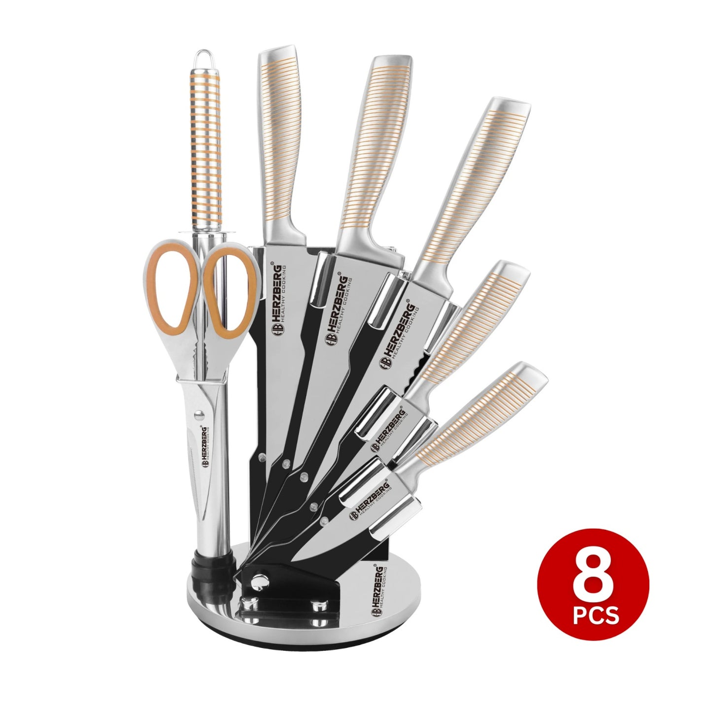 Herzberg HG-SKN8: 8 Pieces S/S Knife Set + 360° Folding and Swivel Acrylic Stand Red