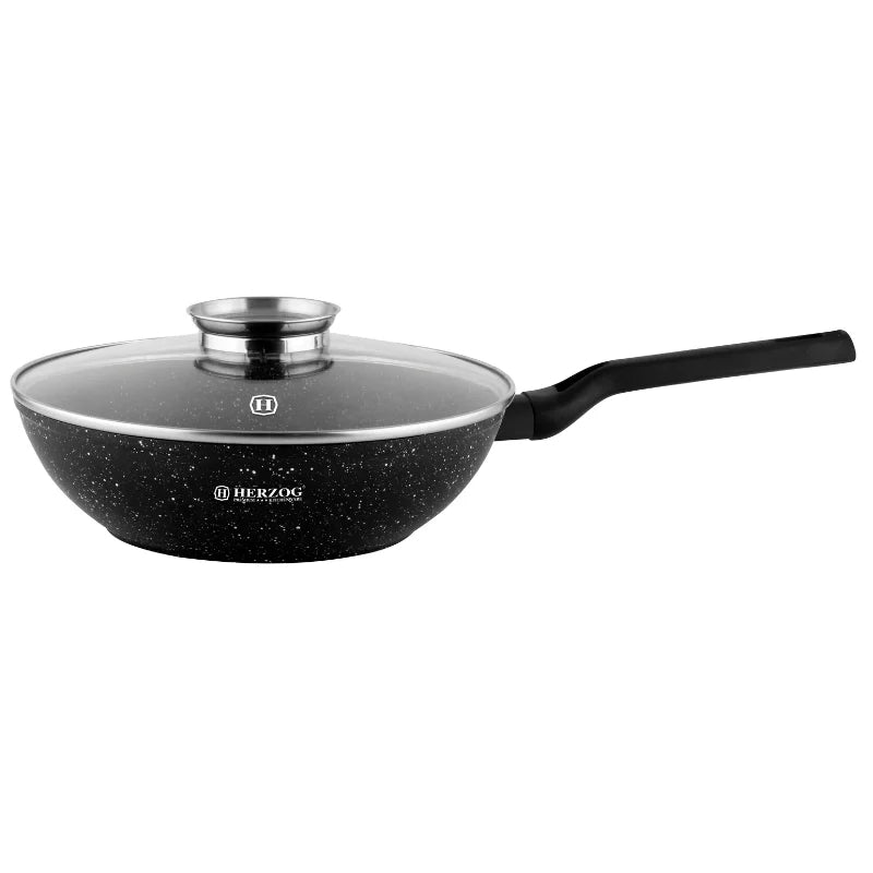 Herzog HR-2617: 28cm Marble Coated Wok with Aroma Knob Glass Lid