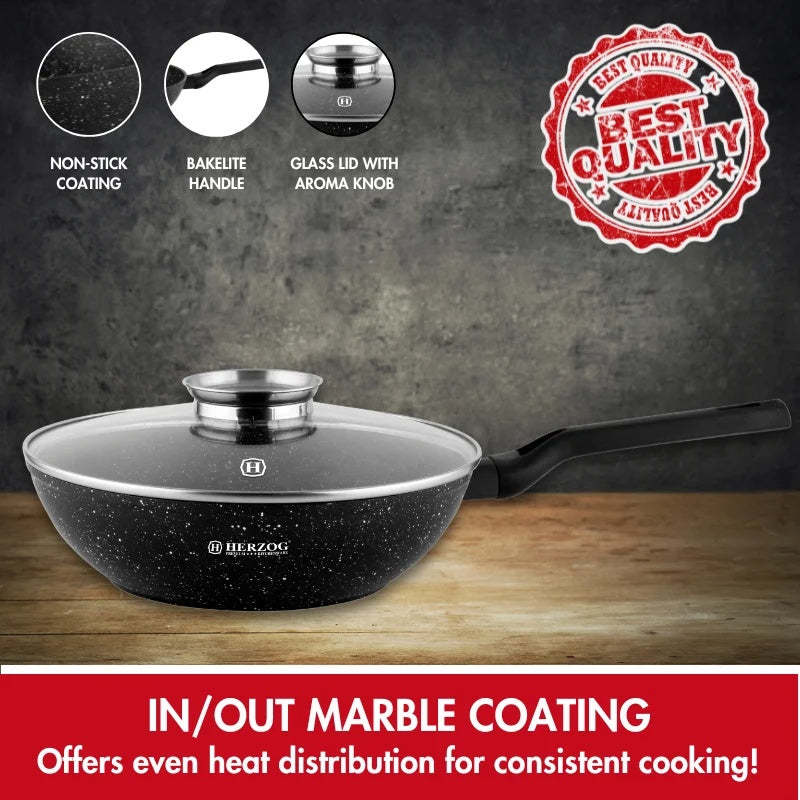 Herzog HR-2617: 28cm Marble Coated Wok with Aroma Knob Glass Lid