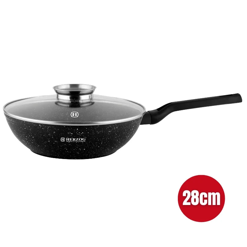 Herzog HR-2617: 28cm Marble Coated Wok with Aroma Knob Glass Lid