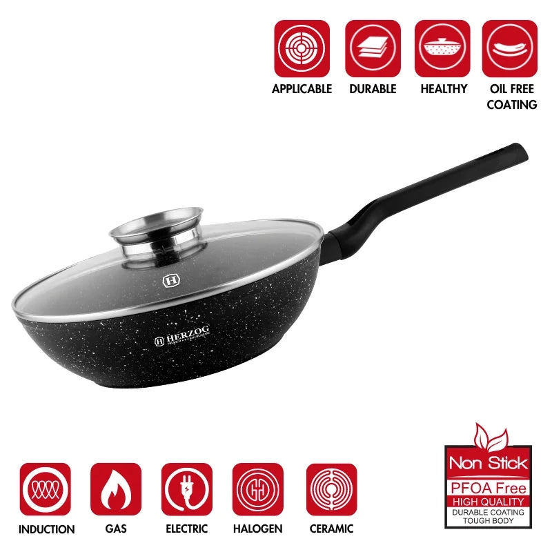 Herzog HR-2617: 28cm Marble Coated Wok with Aroma Knob Glass Lid