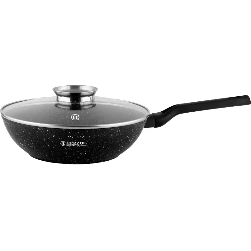 Herzog HR-2618: 32cm Marble Coated Wok with Aroma Knob Glass Lid