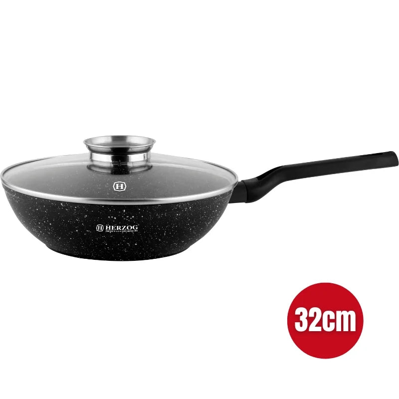 Herzog HR-2618: 32cm Marble Coated Wok with Aroma Knob Glass Lid