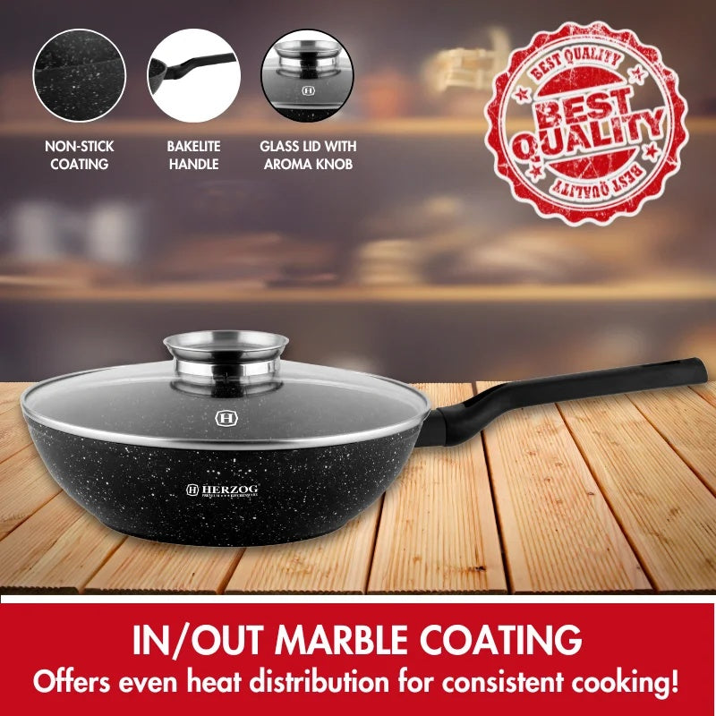Herzog HR-2618: 32cm Marble Coated Wok with Aroma Knob Glass Lid