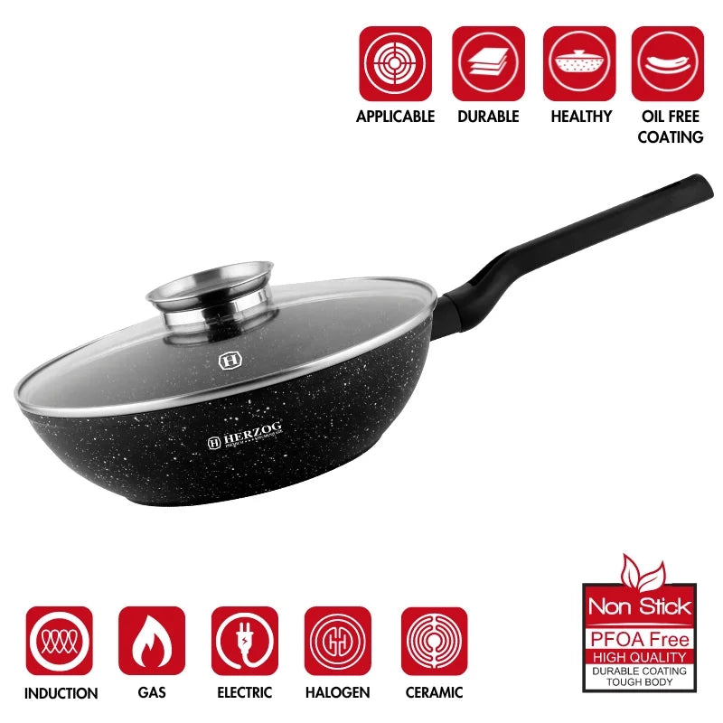 Herzog HR-2618: 32cm Marble Coated Wok with Aroma Knob Glass Lid