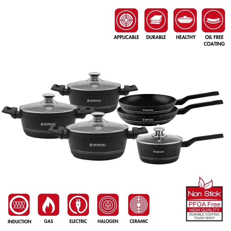 Herzog HR-2626: 10 Pieces Marble Coated Cookware Set