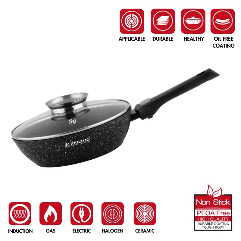 Herzog HR-3611: 28cm Marble Coated Deep Fry Pan with Aroma Knob and Removable Handle