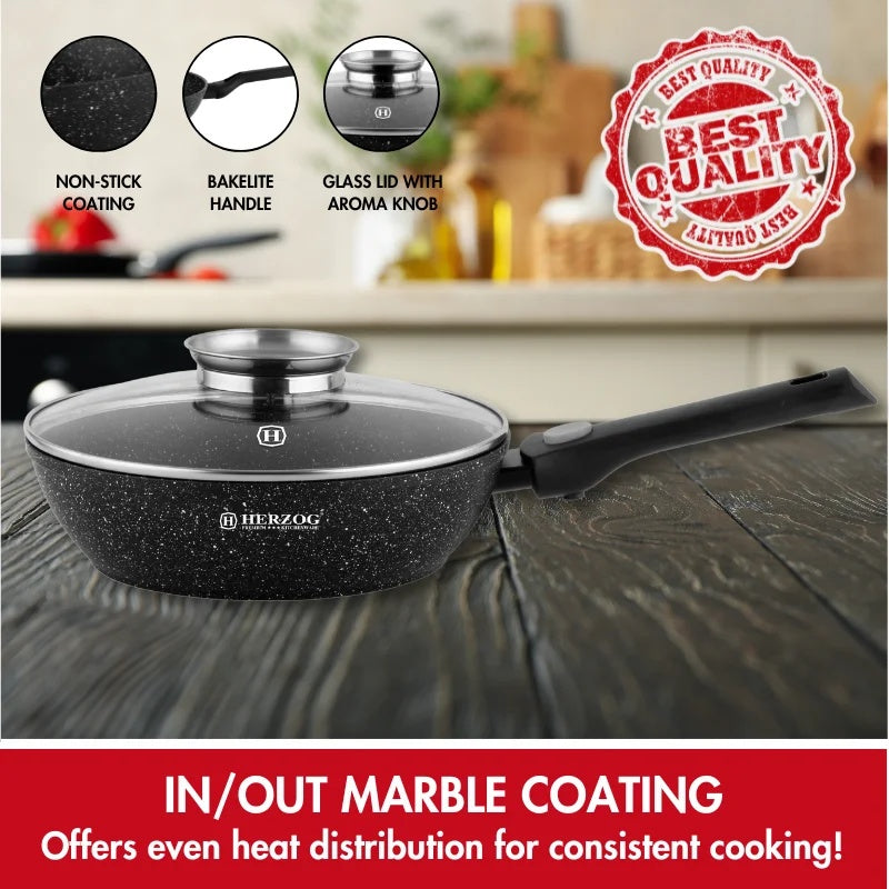 Herzog HR-3611: 28cm Marble Coated Deep Fry Pan with Aroma Knob and Removable Handle
