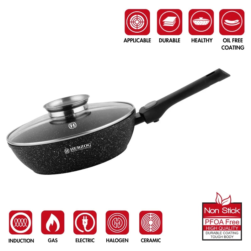 Herzog HR-3612: 32cm Marble Coated Deep Fry Pan with Aroma Knob and Removable Handle