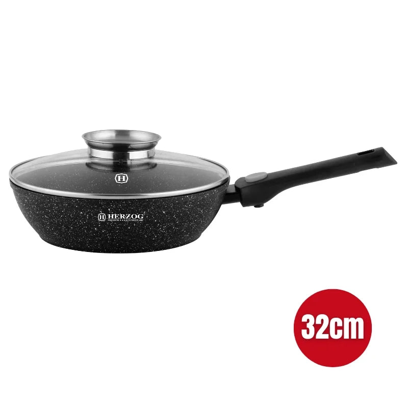 Herzog HR-3612: 32cm Marble Coated Deep Fry Pan with Aroma Knob and Removable Handle