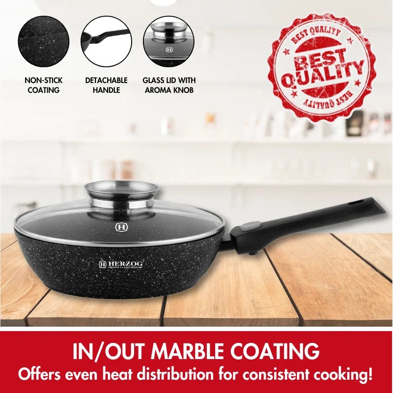 Herzog HR-3617: 28cm Marble Coated Wok with Aroma Knob Lid & Removable Handle