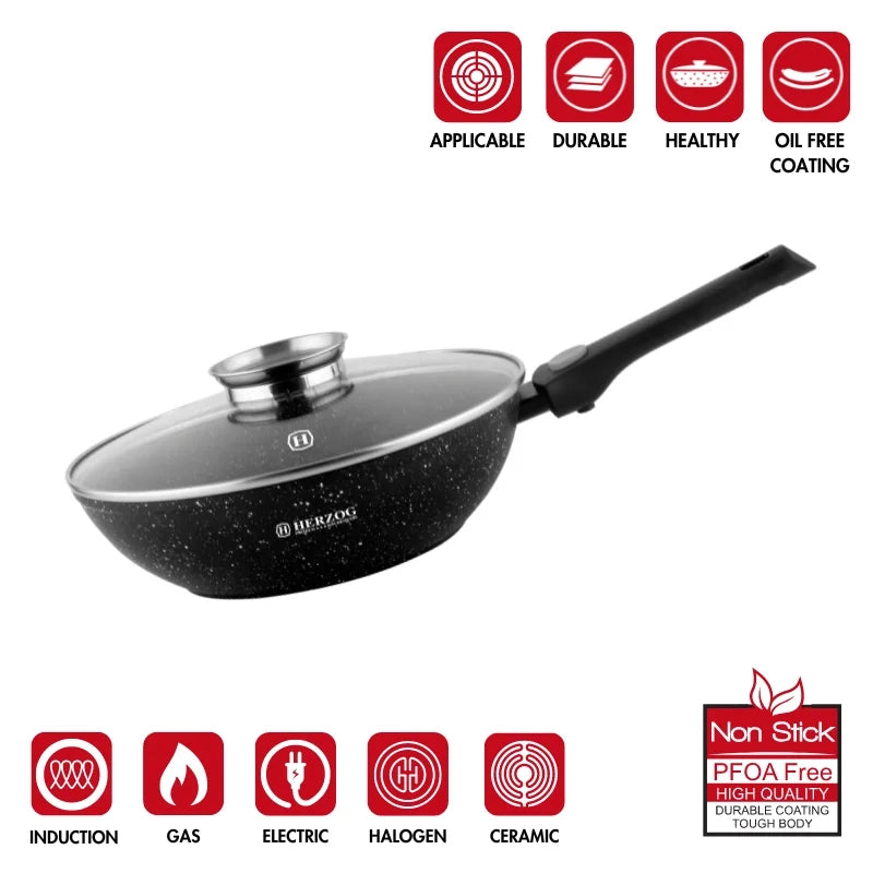 Herzog HR-3617: 28cm Marble Coated Wok with Aroma Knob Lid & Removable Handle