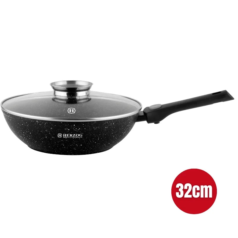 Herzog HR-3618: 32cm Marble Coated Wok with Aroma Knob Lid & Removable Handle