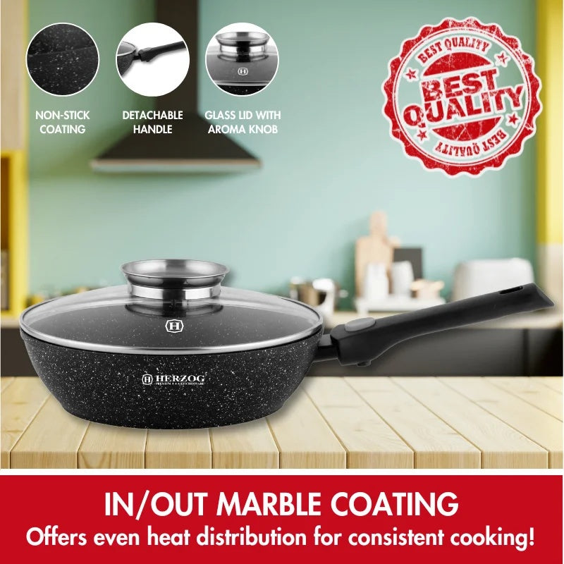 Herzog HR-3618: 32cm Marble Coated Wok with Aroma Knob Lid & Removable Handle