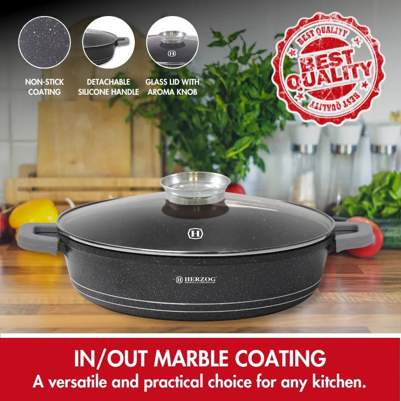 Herzog HR-5213: 32cm Marble Coated Shallow Casserole with Aroma Knob - 6.1L