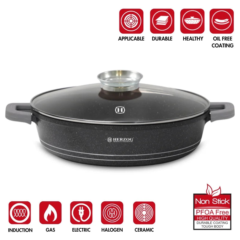 Herzog HR-5213: 32cm Marble Coated Shallow Casserole with Aroma Knob - 6.1L