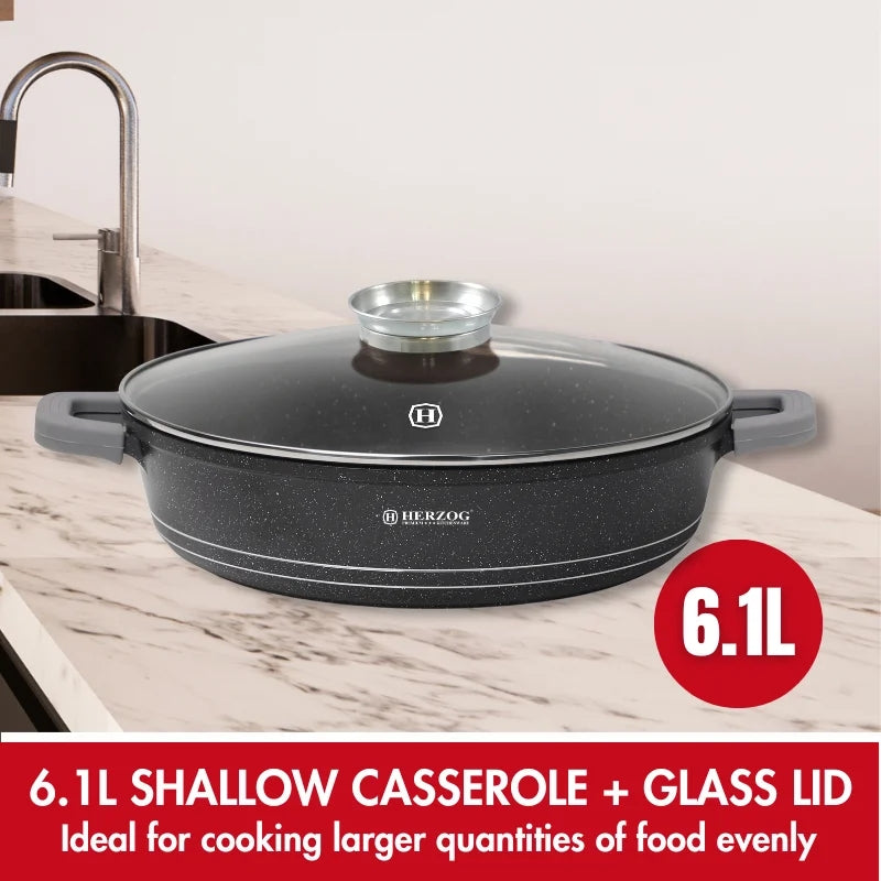 Herzog HR-5213: 32cm Marble Coated Shallow Casserole with Aroma Knob - 6.1L
