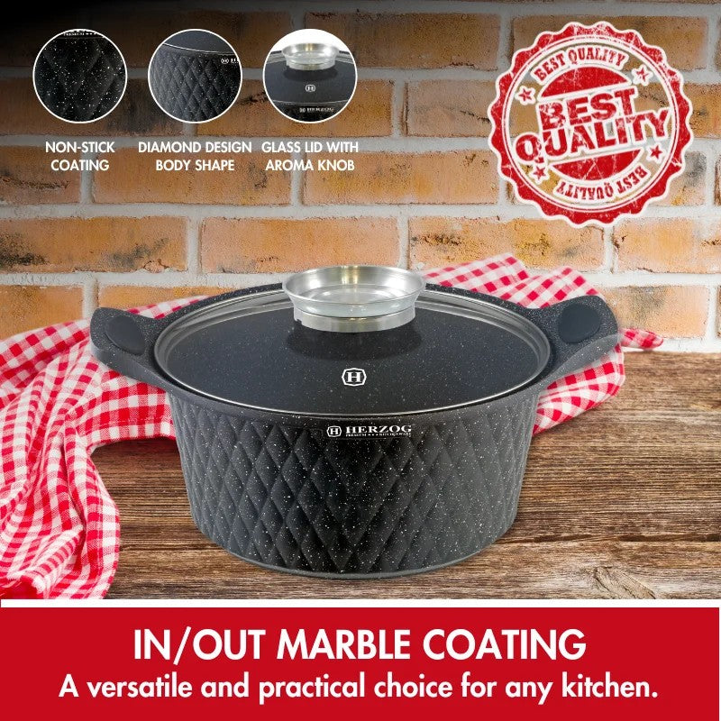 Herzog HR-5216: 20cm Diamond Design Marble CoatedCasserole with Aroma Knob - 2.4L