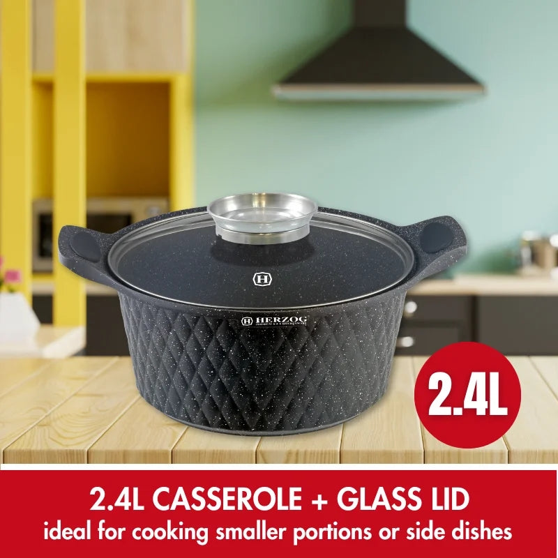 Herzog HR-5216: 20cm Diamond Design Marble CoatedCasserole with Aroma Knob - 2.4L