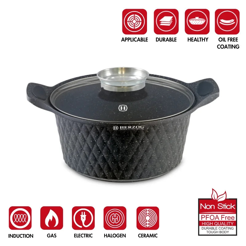 Herzog HR-5216: 20cm Diamond Design Marble CoatedCasserole with Aroma Knob - 2.4L