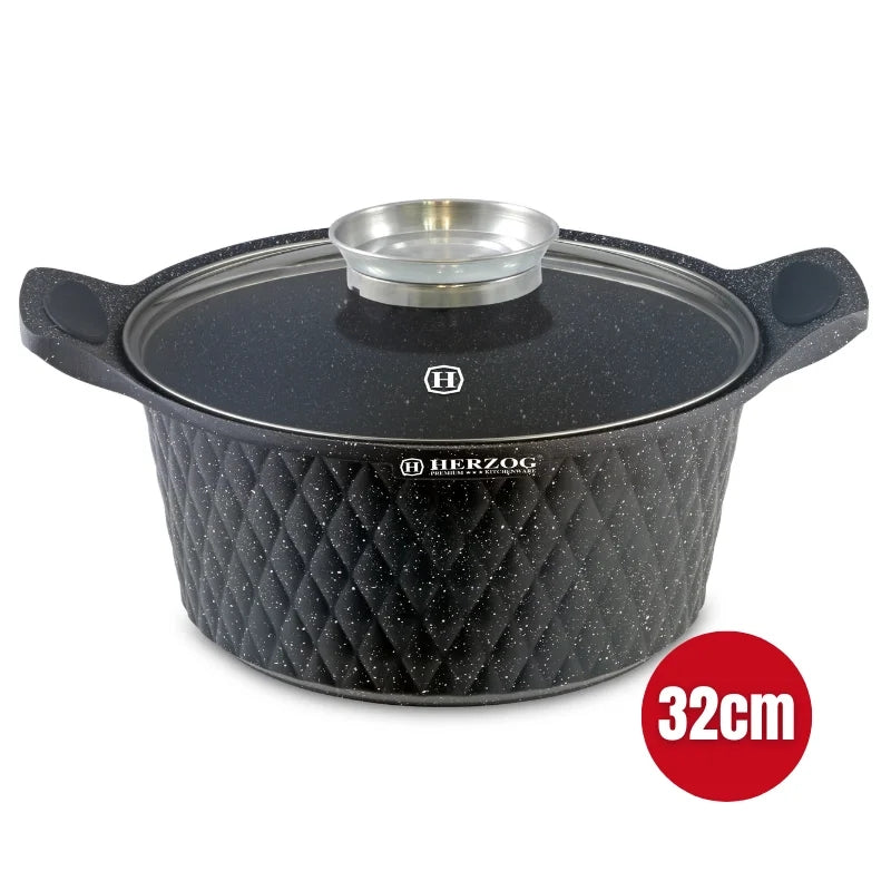 Herzog HR-5219: 32cm Diamond Design Marble CoatedCasserole with Aroma Knob - 9.7L
