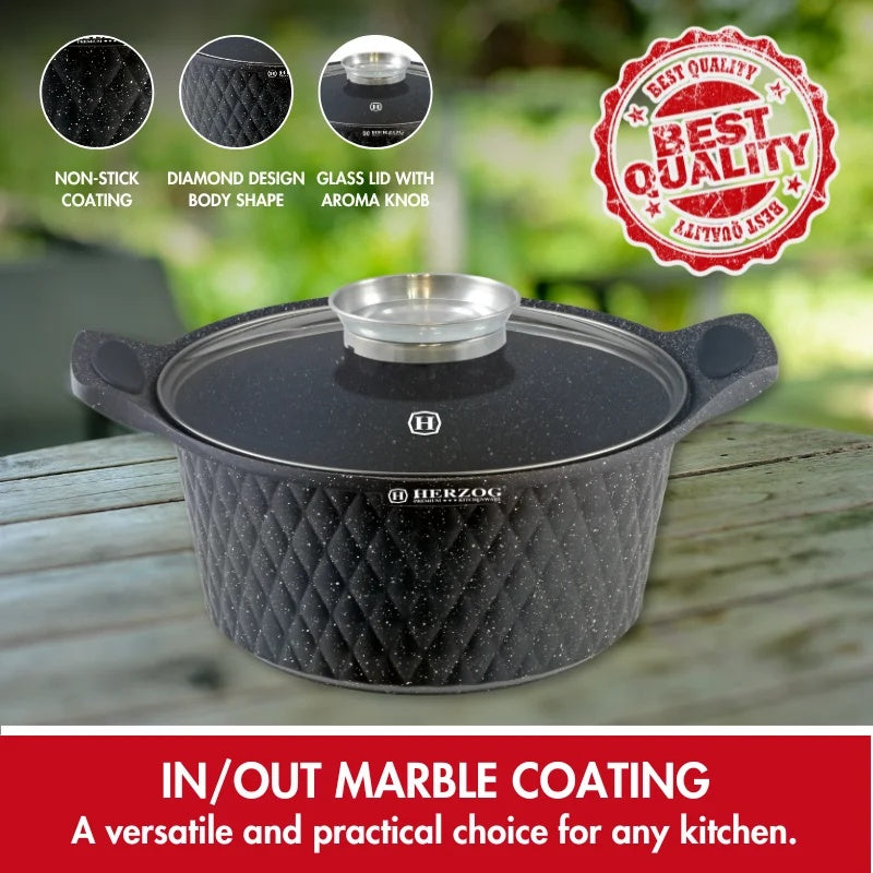 Herzog HR-5219: 32cm Diamond Design Marble CoatedCasserole with Aroma Knob - 9.7L