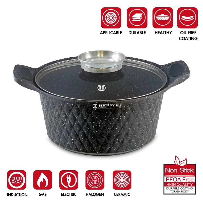 Herzog HR-5219: 32cm Diamond Design Marble CoatedCasserole with Aroma Knob - 9.7L