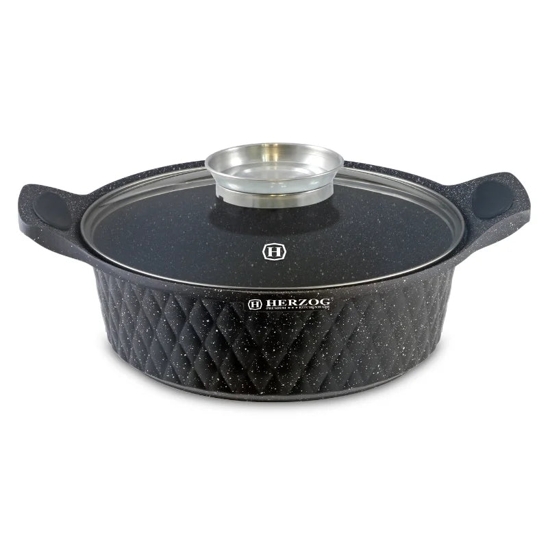 Herzog HR-5220: 28cm Diamond Design Marble CoatedShallow Casserole with Aroma Knob - 4L