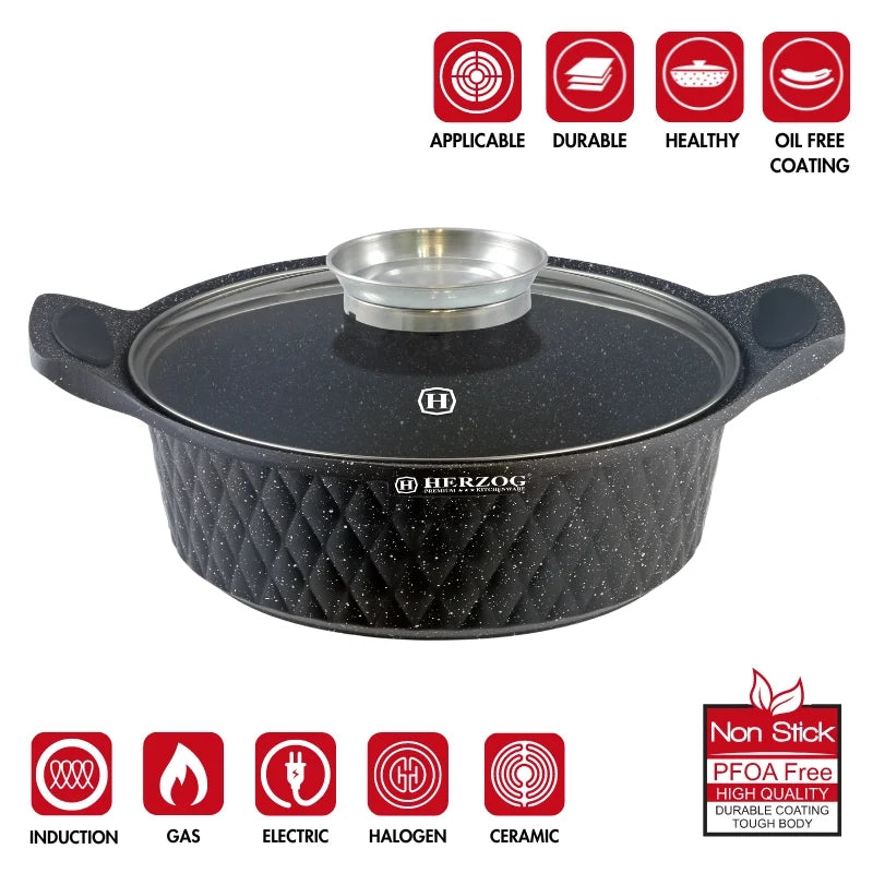 Herzog HR-5220: 28cm Diamond Design Marble CoatedShallow Casserole with Aroma Knob - 4L