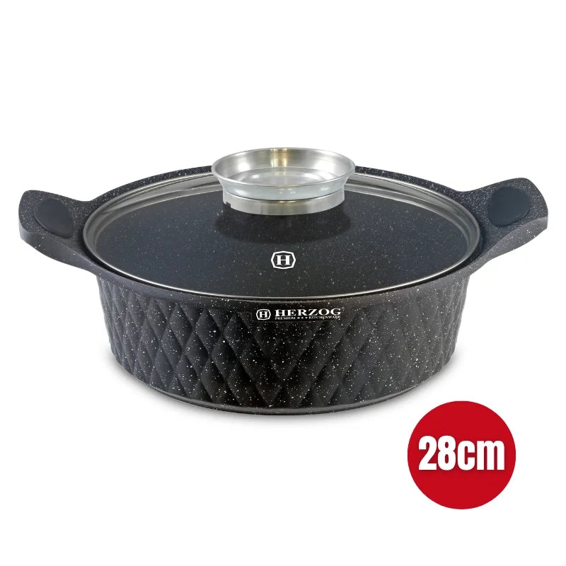 Herzog HR-5220: 28cm Diamond Design Marble CoatedShallow Casserole with Aroma Knob - 4L