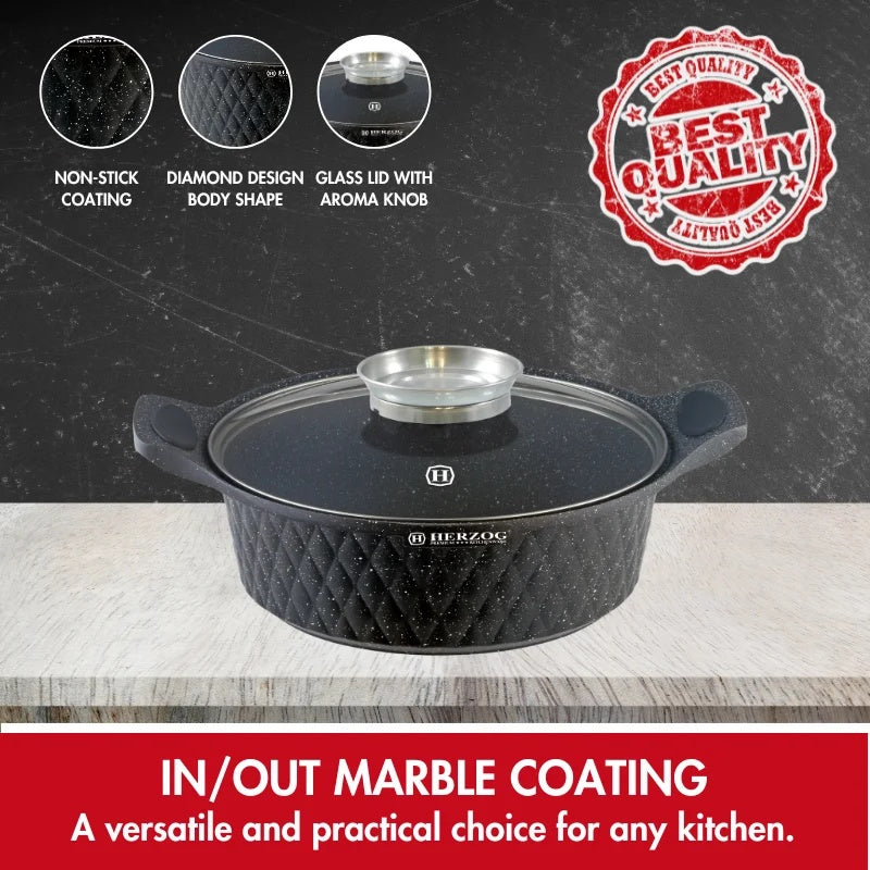 Herzog HR-5220: 28cm Diamond Design Marble CoatedShallow Casserole with Aroma Knob - 4L