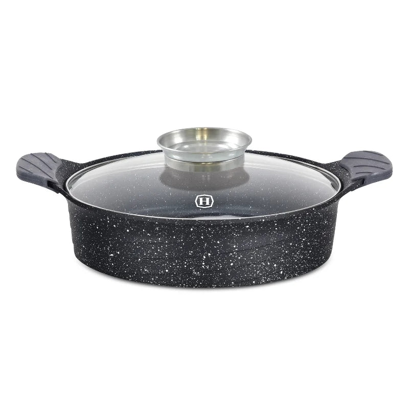 Herzog HR-5225: 28cmMarble Coated Shallow Casserole with Aroma Knob - 3.7L