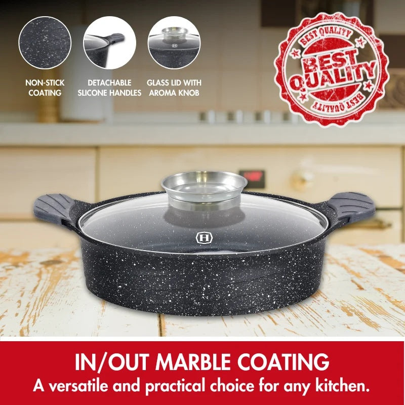 Herzog HR-5225: 28cmMarble Coated Shallow Casserole with Aroma Knob - 3.7L