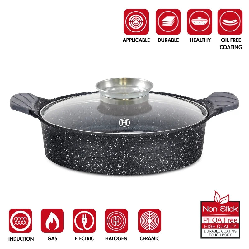Herzog HR-5225: 28cmMarble Coated Shallow Casserole with Aroma Knob - 3.7L